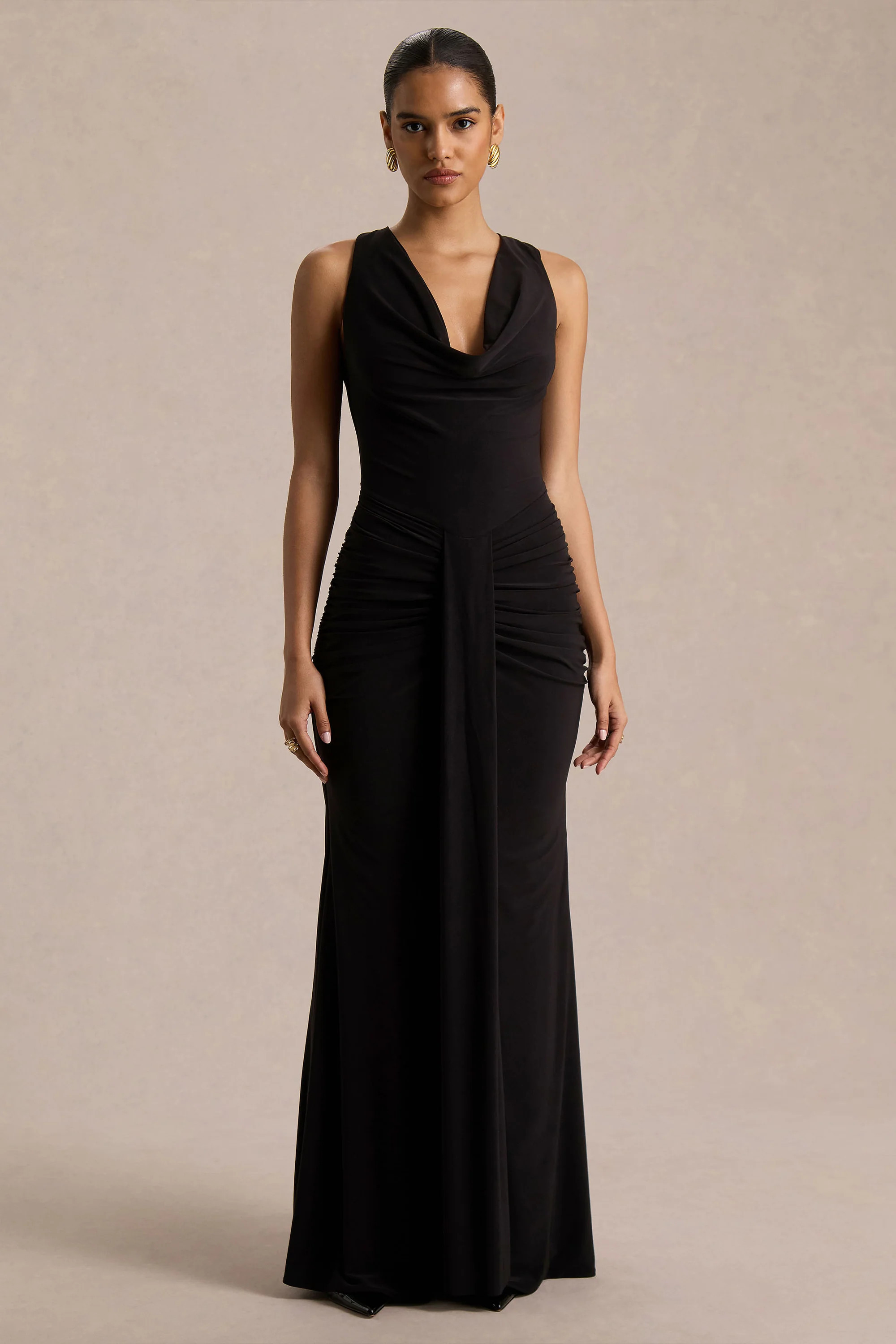 Mallie | Black Cowl-Neck Maxi Dress With Gathered-Detailing | Club L London