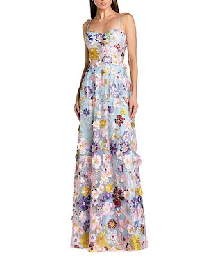 Spaghetti Strap Floral Embroidered A-Line Gown | Dillard's