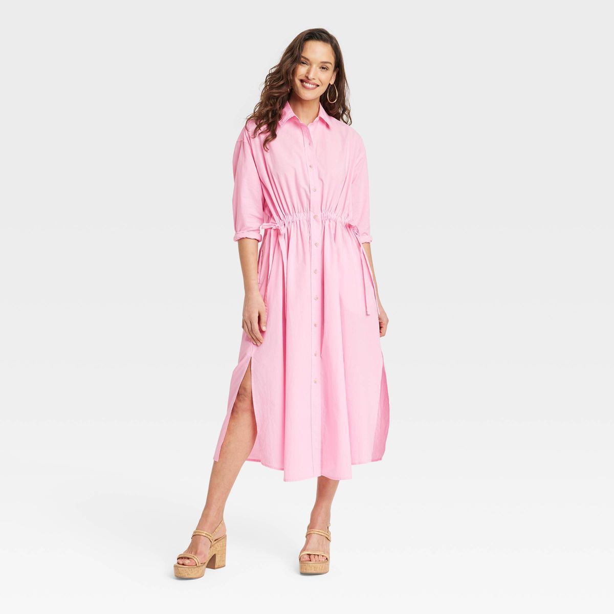 Women's Long Sleeve Cinch Waist Maxi Shirtdress - Universal Thread™ Pink L | Target
