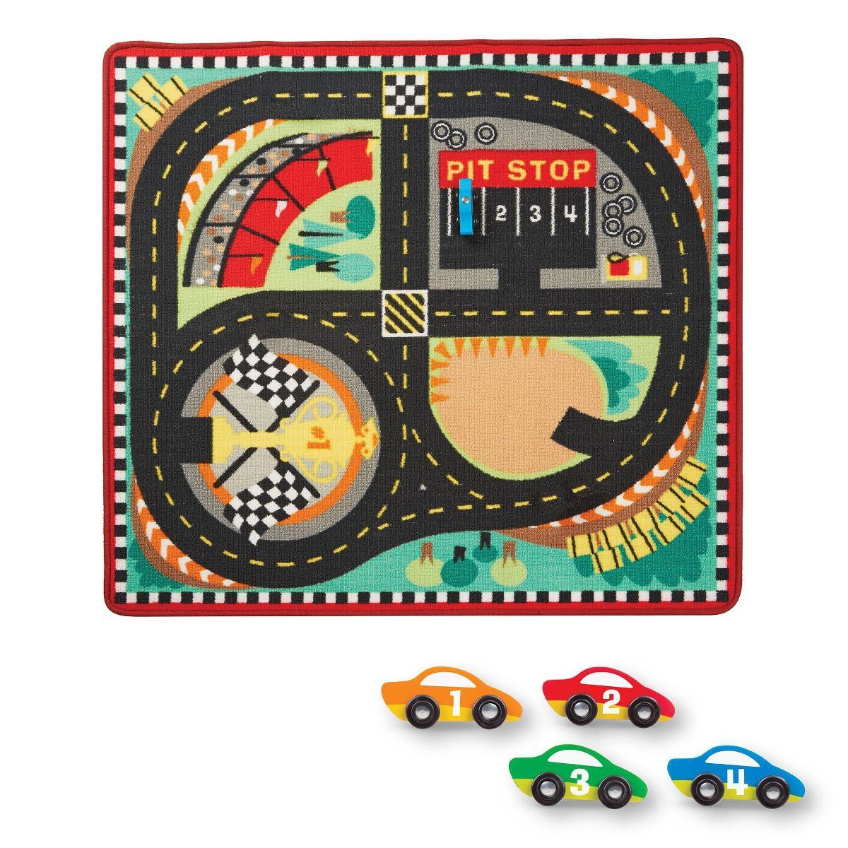 Melissa & Doug Round the Speedway Race Track Rug With 4 Race Cars (39 x 36 inches) | Target