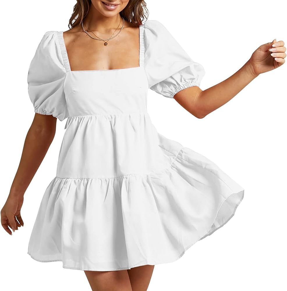 OWNGIGI Womens Square Neck Lantern Sleeve Dress High Waisted Tie Back Casual A-Line Mini Dress | Amazon (US)