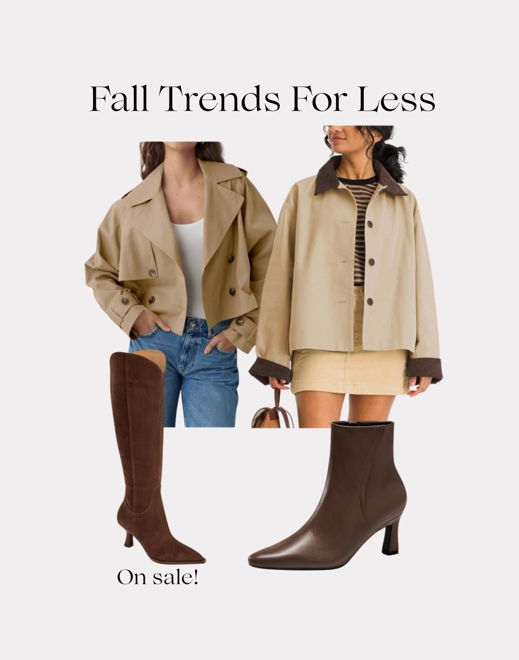 The cropped trench coat and barn jacket are the coats for fall 2025! Brown suede is also having its moment and is super cute in shoes and bags. Here we have some kitten heel boots, short length to go under jeans and long pants and a taller length to wear with skirts and dresses! 

These are all super affordable and from Amazon, much more affordable than others I’ve seen. The tall boots are on sale for 30% off as well! I snagged those and the two jackets as the jackets are each around $35, I’m going to buy the short boots too just in a couple of weeks. 

#LTKSaleAlert #LTKSeasonal #LTKShoeCrush