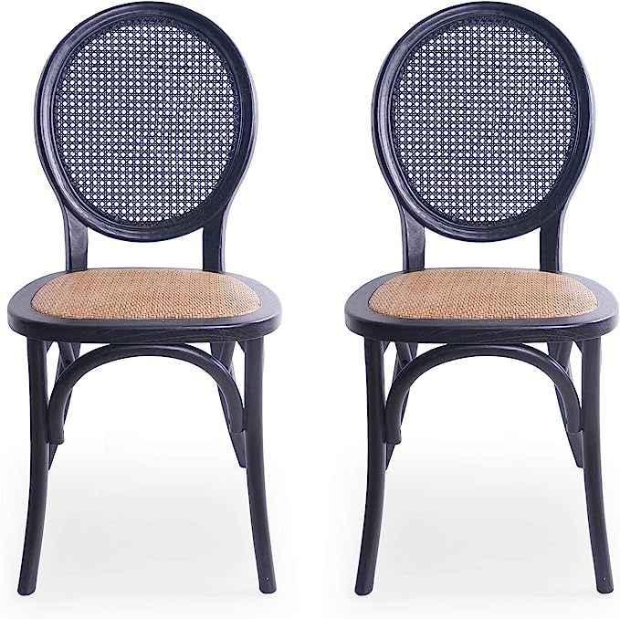 Nicola Elm Wood and Rattan Dining Chair with Rattan Seat (Set of 2), Matte Black | Amazon (US)