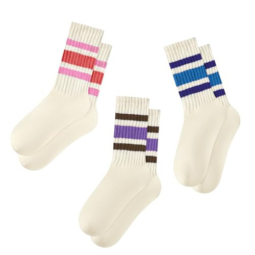 Crew Socks for Women Striped Retro Socks Slouchy Scrunch Socks Vintage Cute Crew Socks 3 Pairs - Pink &Purple Blue&Brown Purple One Size | Amazon (US)