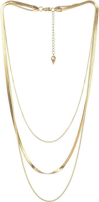 Léwind Herringbone Chain Layered Necklace,18K Gold/Silver Plated Snake Chain Long Choker Necklac... | Amazon (US)
