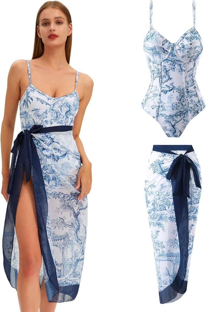 One Piece Swimsuit with Cover Up Set Sarong Swimsuits for Women Swimsuit with Cover Up Set Two Pi... | Amazon (US)