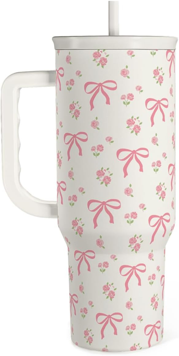 SANDJEST Bow Tumbler with Handle 40oz, Stainless Steel Insulated Tumblers Coffee Travel Cup with ... | Amazon (US)