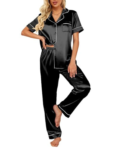 Ekouaer Silk Satin Pajamas Set Women Short Sleeve Sleepwear Soft Button Down Loungewear Pjs Set Dark Black | Amazon (US)