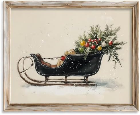 Vintage Christmas Sleigh Print, Rustic Holiday Wall Art with Pine Branches & Ornaments, Winter Se... | Amazon (US)
