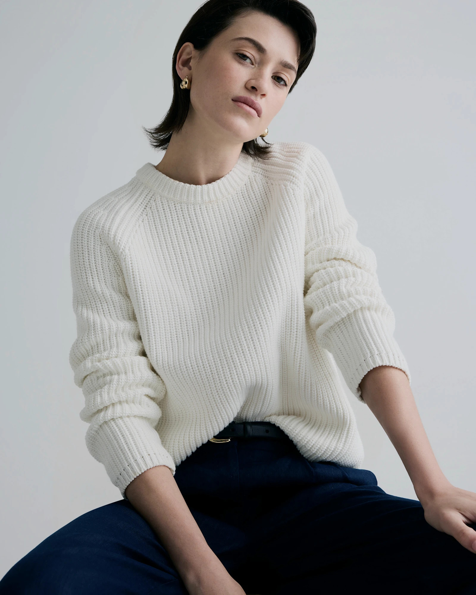Quince | Women's Fisherman Crew Sweater in Alabaster, Size Large, Organic Cotton | Quince