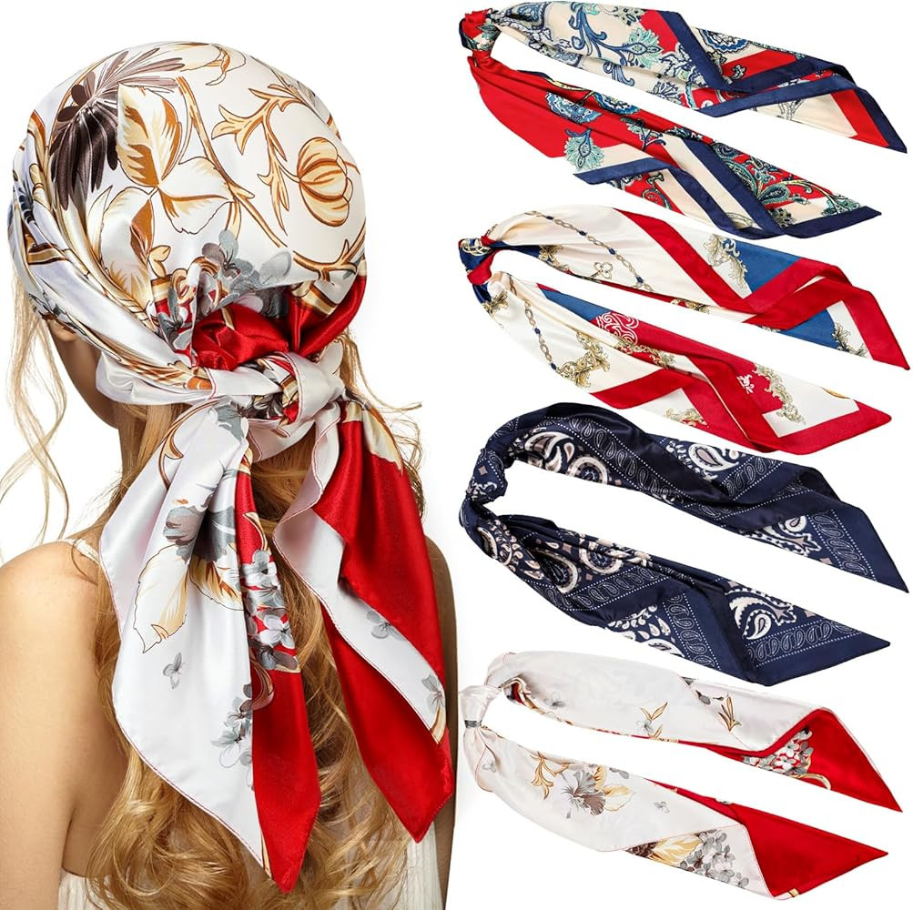 Newcotte 4 Pcs 35'' Large Square Satin Hair Scarf Silk Like Head Scarf Floral Satin Head Wrap Flo... | Amazon (US)