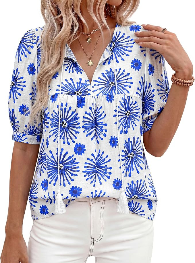 PRETTYGARDEN Womens Summer Boho Tops 2026 Tie Front V Neck Print Loose Fit Short Sleeve Peasant B... | Amazon (US)