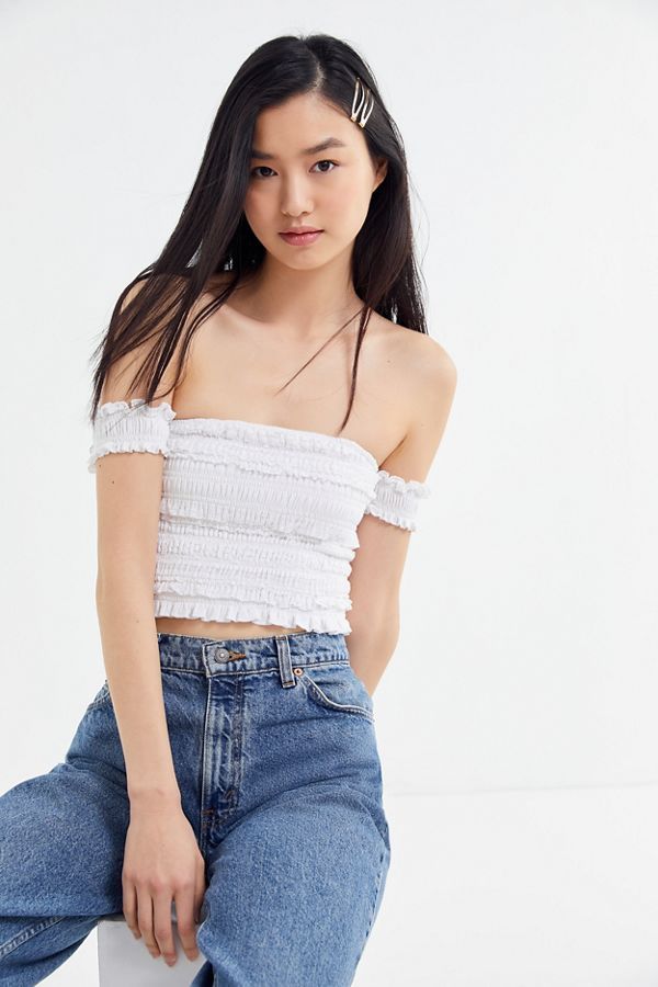 UO Lena Smocked Off-The-Shoulder Cropped Top | Urban Outfitters (US and RoW)