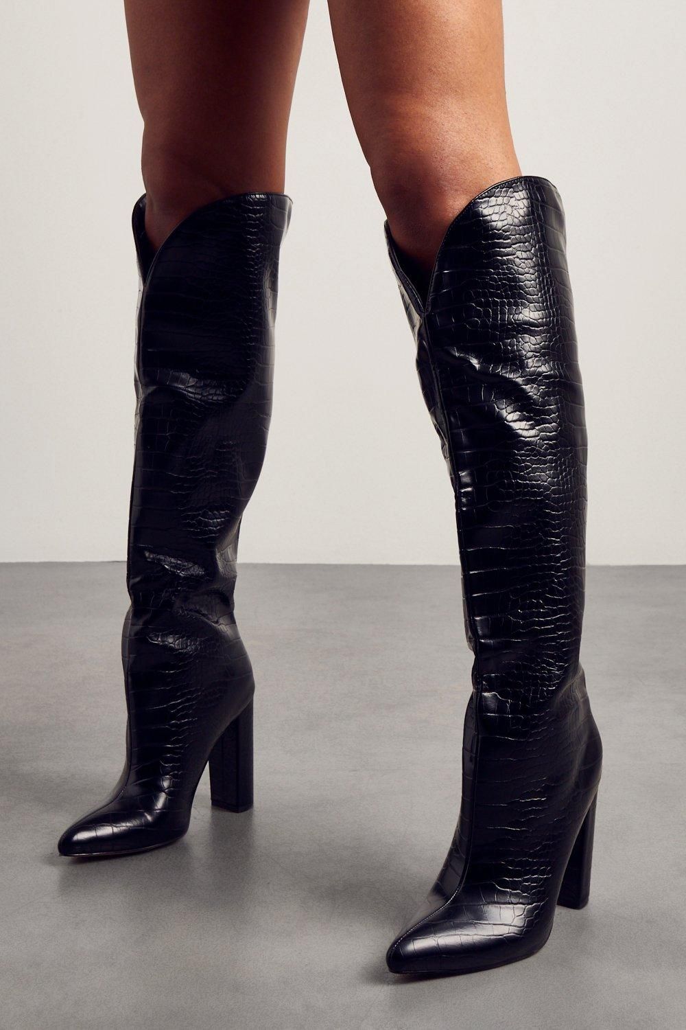 Leather Look Croc Print Block Heel Boots | Miss Pap UK