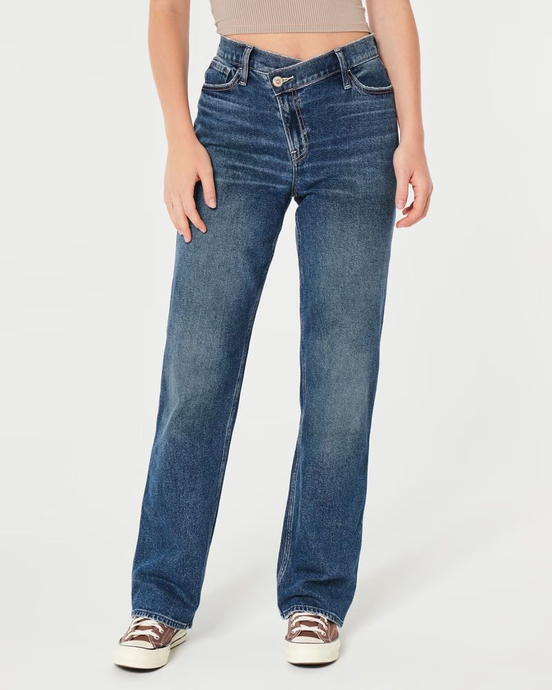 Ultra High-Rise Medium Wash Criss-Cross Waistband Dad Jeans | Hollister (US)