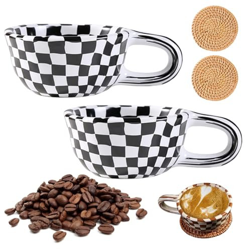 IZIVE Brown Checkered Coffee Mug, 2PCS, 199.98ml, Ceramic, Chic, Reusable, Cylindrical, Holiday, Chessboard Pattern, Adult, Home, Hot Drinks | Amazon (US)