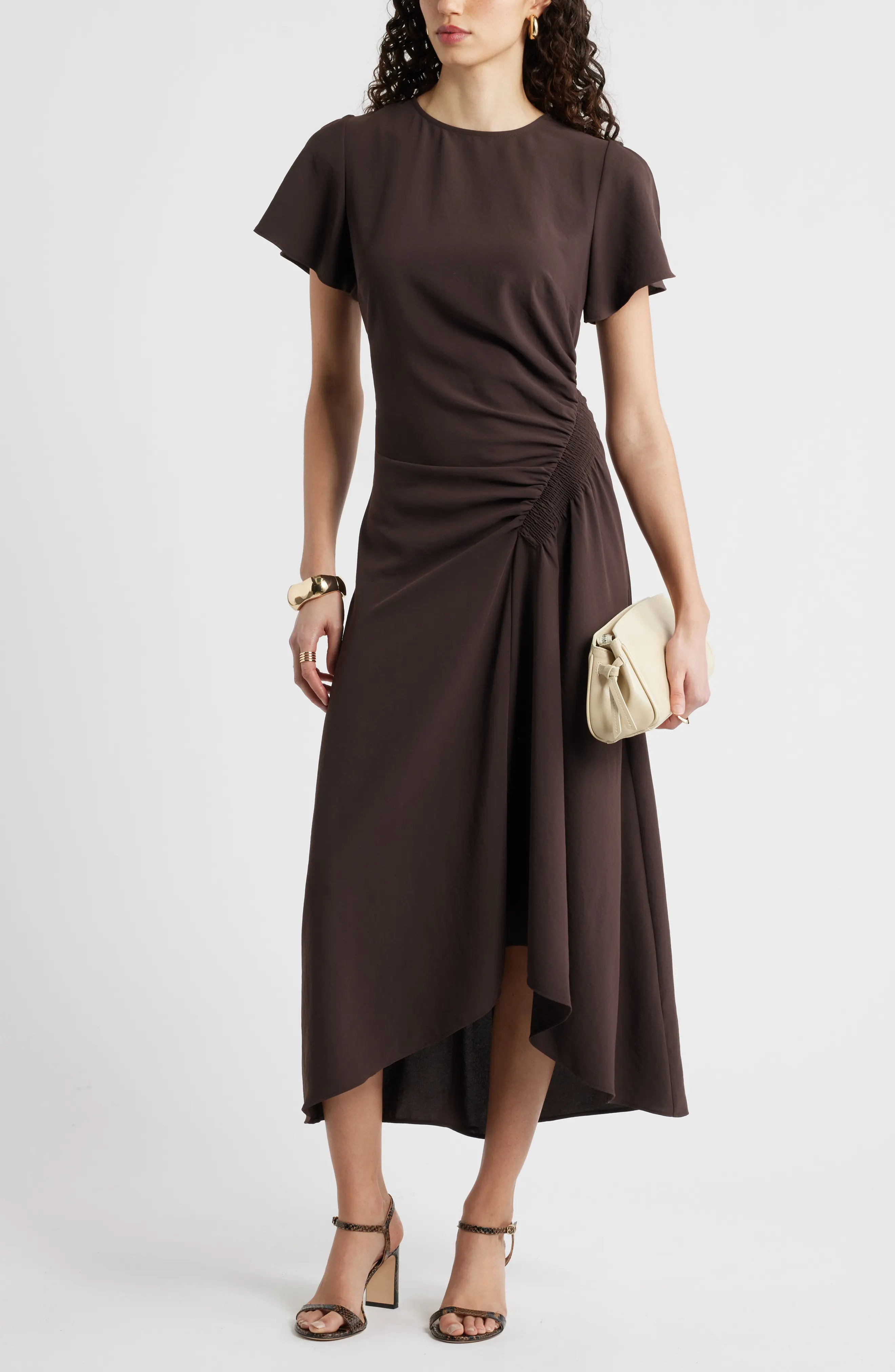 Nordstrom Split Sleeve Side Smocked Midi Dress (Women) | Nordstrom | Nordstrom
