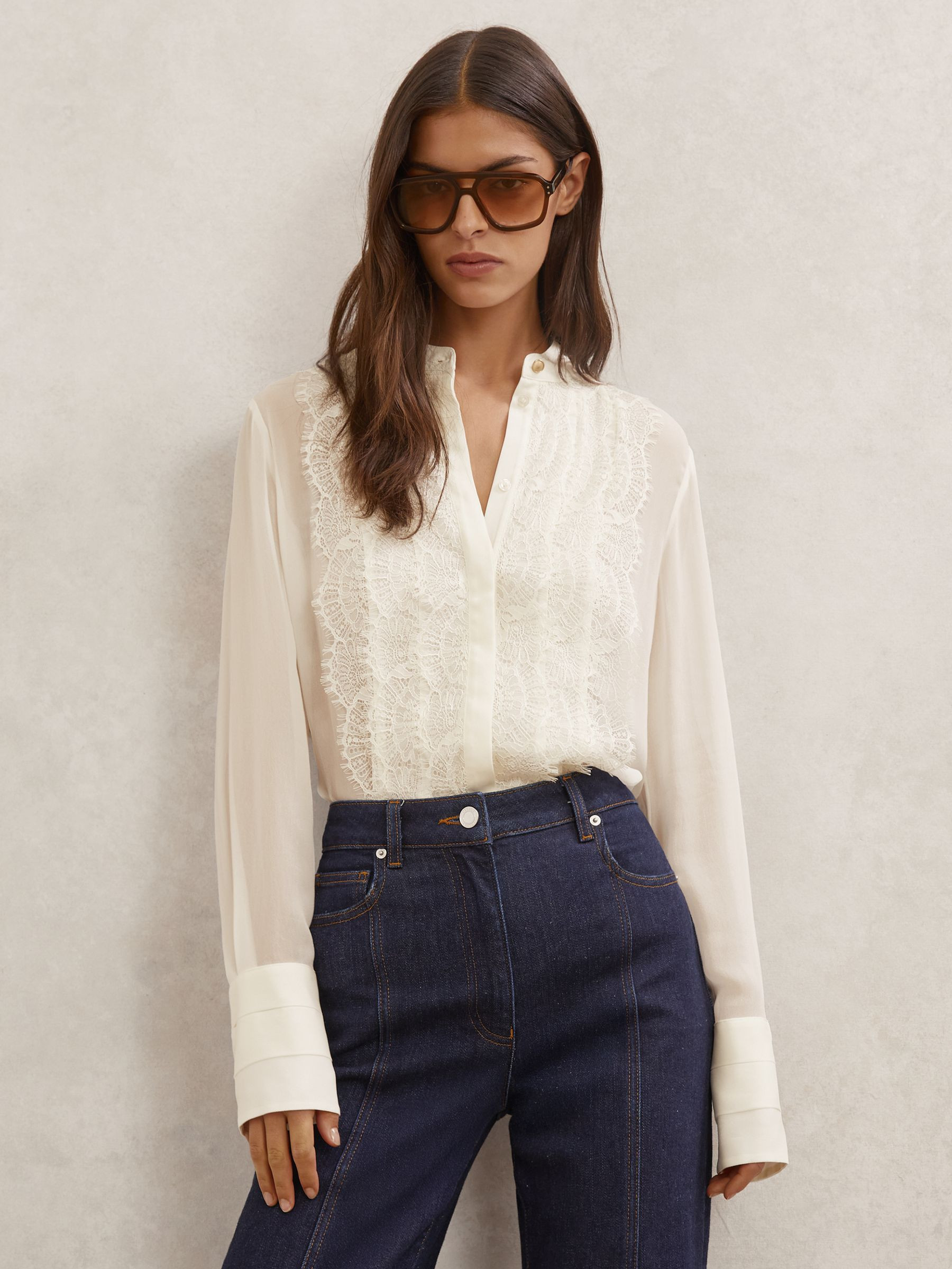 Reiss Lace-Trim Sheer Button-Through Blouse in Cream | REISS | Reiss US