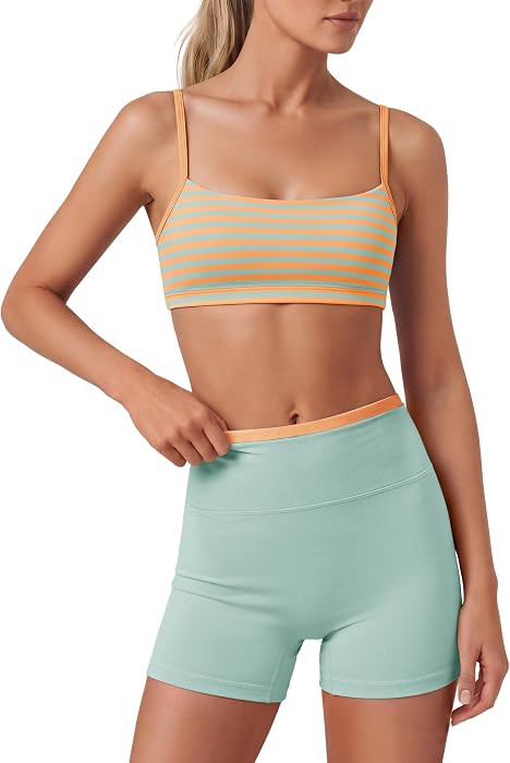 Womens Striped Workout Set Sports Bra Gym Shorts | Amazon (US)