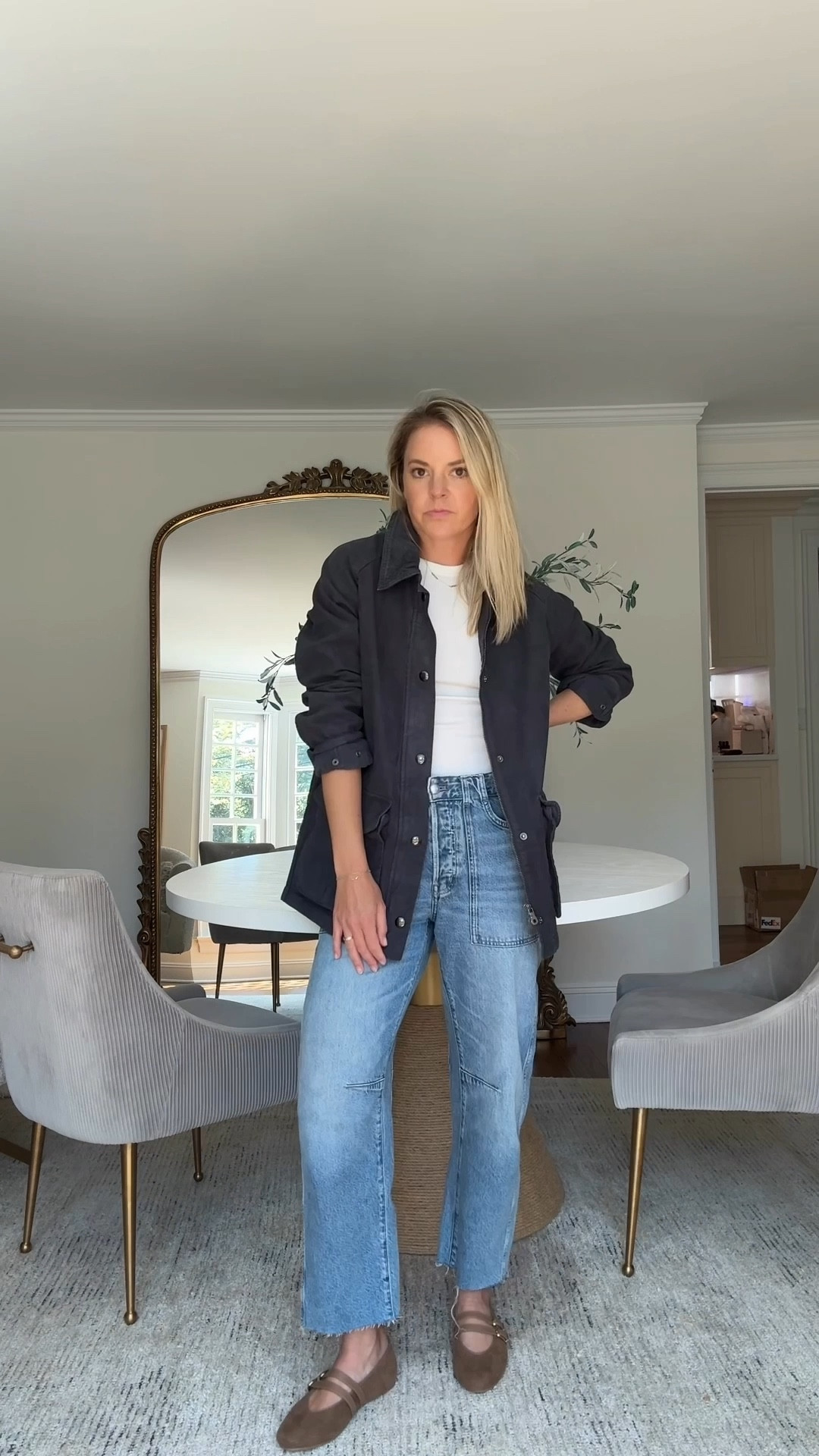 transitional fall outfit 🍁 comfy flats under $50 and my jeans are finally on sale with code LTK20. Mine are the color “riverbed”.
•jeans tts. 26R, I’m 5’5
•XS jacket 
•small tank 
•flats tts 

fall jacket, barrel jeans 

#LTKxMadewell #LTKSaleAlert #LTKFindsUnder100