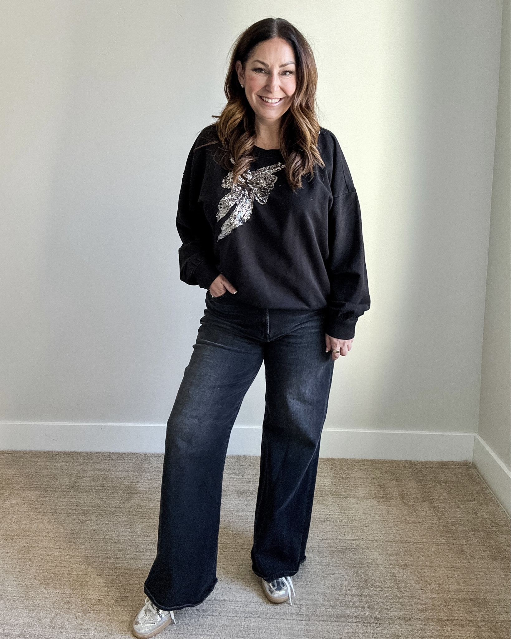 Bow Embellished Sweatshirt Holiday Outfit | Wearing Sweatshirt, L and Jeans, 34
#holidayshirt #bowtrend #holidaybow 

 

#LTKHoliday #LTKSeasonal #LTKMidsize