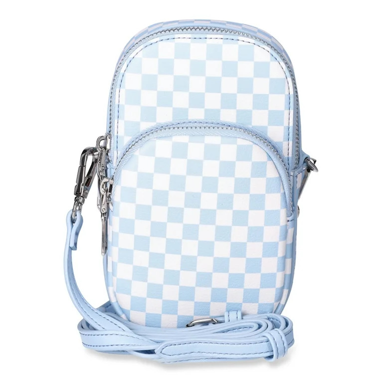 No Boundaries Women's Rounded Phone Crossbody Bag, Freshwater Blue Check | Walmart (US)
