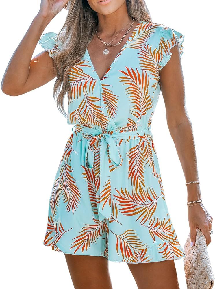 CUPSHE Women's Romper Tropical Flutter Sleeve Boho Overall V Neck Wide Leg Outfit Casual Beach | Amazon (US)
