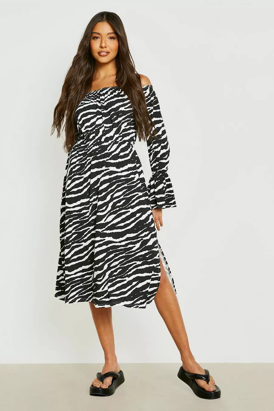 Zebra Off The Shoulder Midi Smock Dress | Boohoo.com (US & CA)