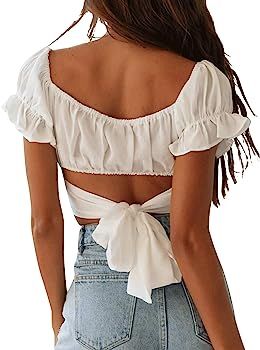 Women's Ruffle Short Sleeve Tie Up Back Crop Top Off Shoulder Bardot Blouse | Amazon (US)