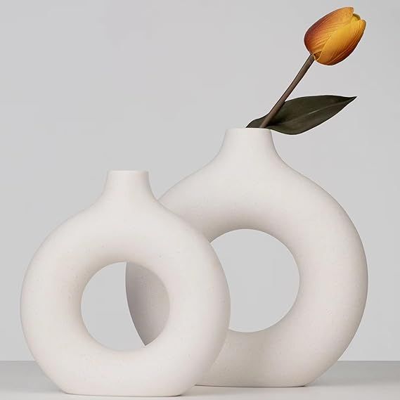 White Ceramic Vase Set 2 for Modern Home Decor, Hollow Round Matte Pampas Flower Vases - Nordic M... | Amazon (US)