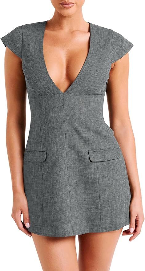 Fisoew Womens Sleeveless Blazer Dress Deep V Neck Cap Sleeve Sexy Slim Fitted Mini Dress | Amazon (US)