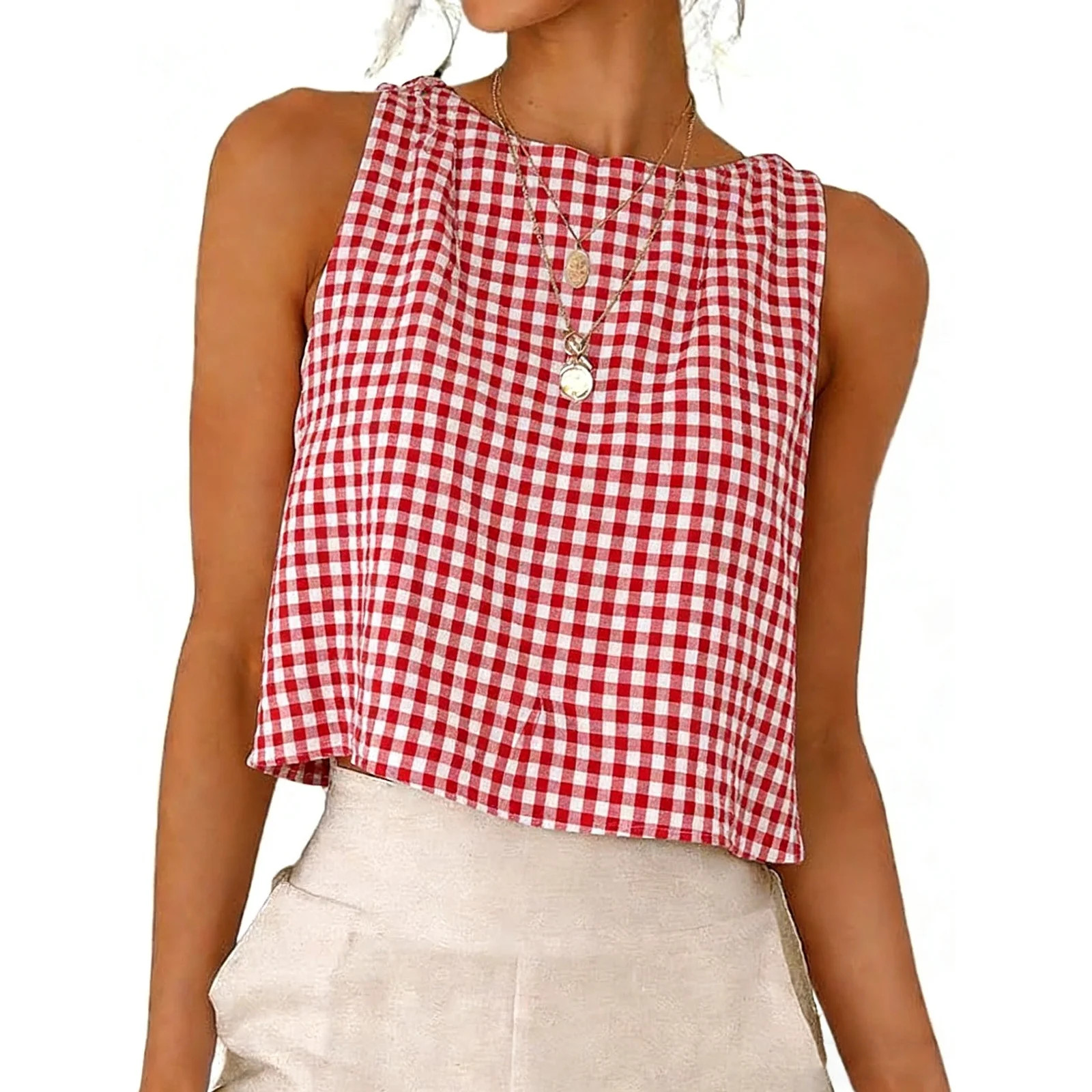 Women's Summer Short Sleeve Plaid Top Shirts Blouses Round Neck Loose Fit Casual Daily Wear Vacat... | Walmart (US)