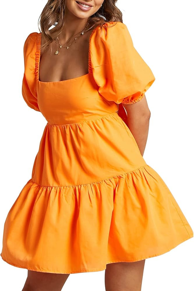 OWNGIGI Womens Square Neck Lantern Sleeve Dress High Waisted Tie Back Casual A-Line Mini Dress | Amazon (US)