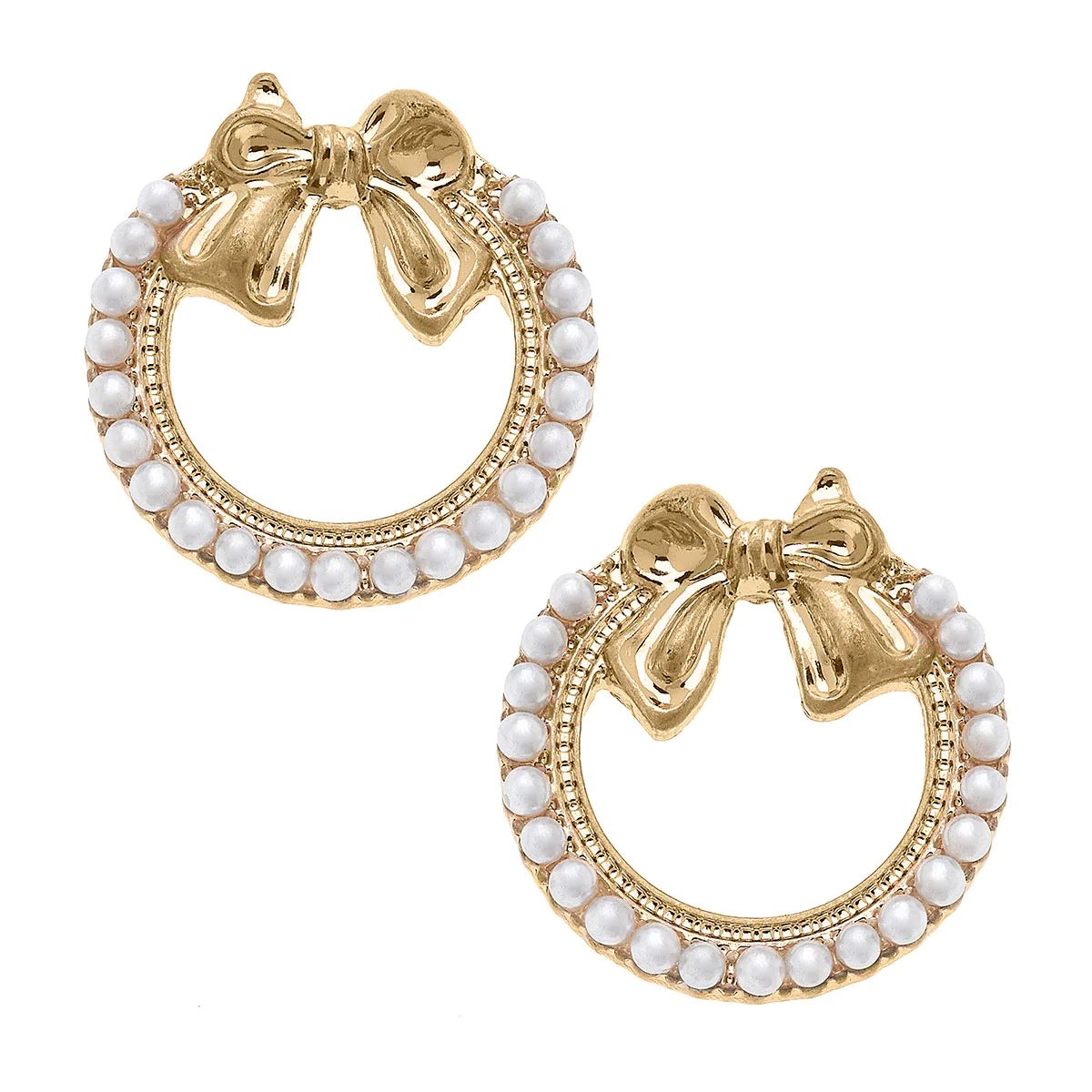 Rowen Pearl Bow Wreath Stud Earrrings in Worn Gold | CANVAS