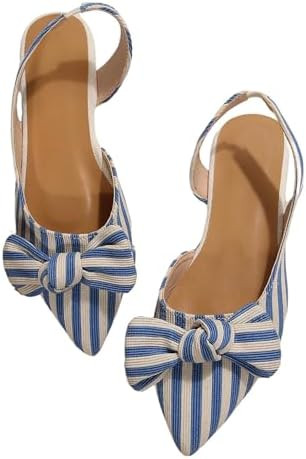 MakeMeChic Women's Bow Striped Slingback Flat Shoes Pointed Toe Faux Leather Dressy Summer Flats | Amazon (US)