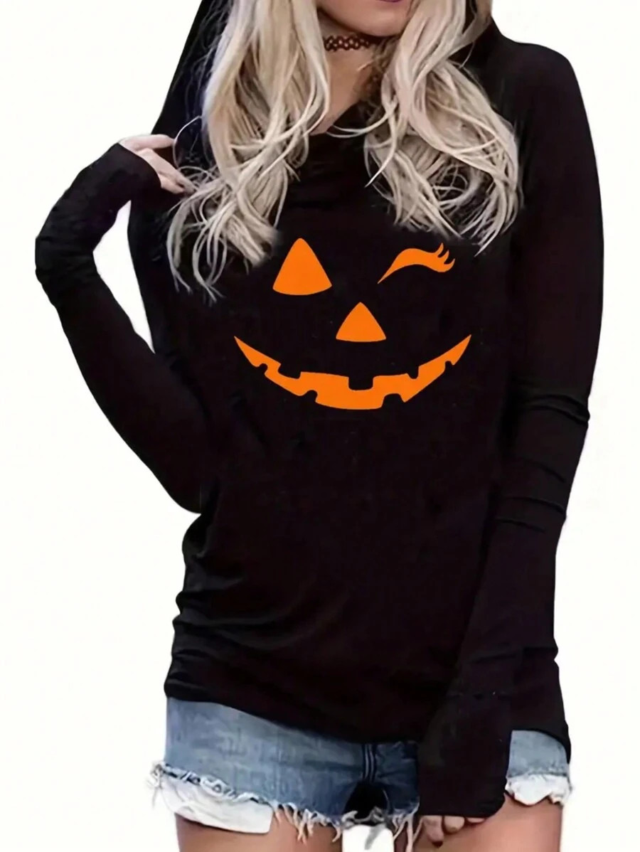 Women's Cartoon Print Long Sleeve Casual Hoodie T-Shirt, Spring & Autumn | SHEIN
