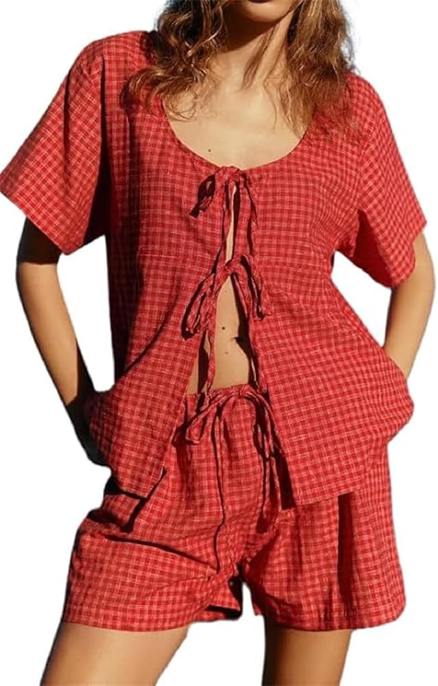 Women Y2k Peplum Shirt Shorts 2 Piece Pajamas Puff Sleeve Babydoll Shirt Gingham Shorts Outfits S... | Amazon (US)