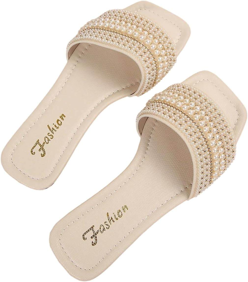 Verdusa Women's Boho Pearls Flat Sandal Beach Vacation Square Open Toe Slip | Amazon (US)