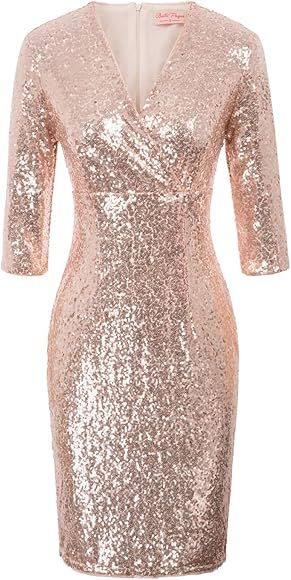 Belle Poque Vintage 50s Sequin Pencil Dress V Neck Glitter Dresses for Women | Amazon (US)