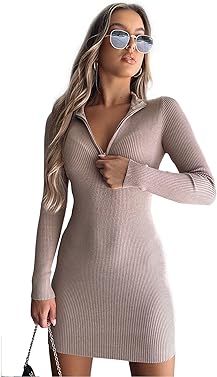 Just Quella Women Long Sleeve Knit Ribbed Bodycon Mini Sweater Dress | Amazon (US)