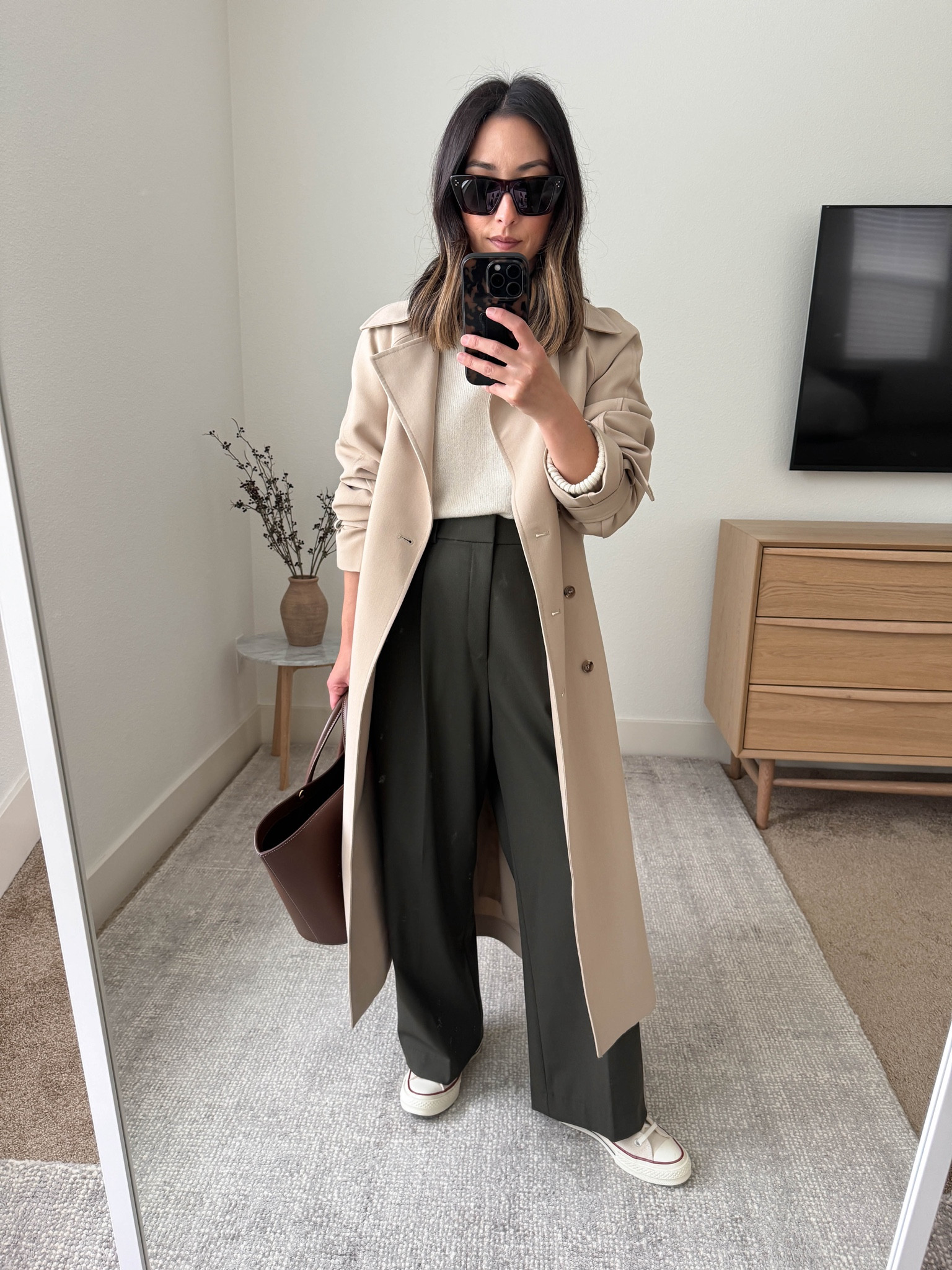 The Oak + Fort trench coat is my favorite trench and has been for a couple years now. It runs oversized, but I love the drape. Size down. 

Oak + Fort Trench xxs
Everlane cashmere sweater xs
Uniqlo trousers small. Custom inseams 25.5"
Converse Chuck 70's 5
Liffner tote (old)
Celine sunglasses

#LTKPetite #LTKSeasonal