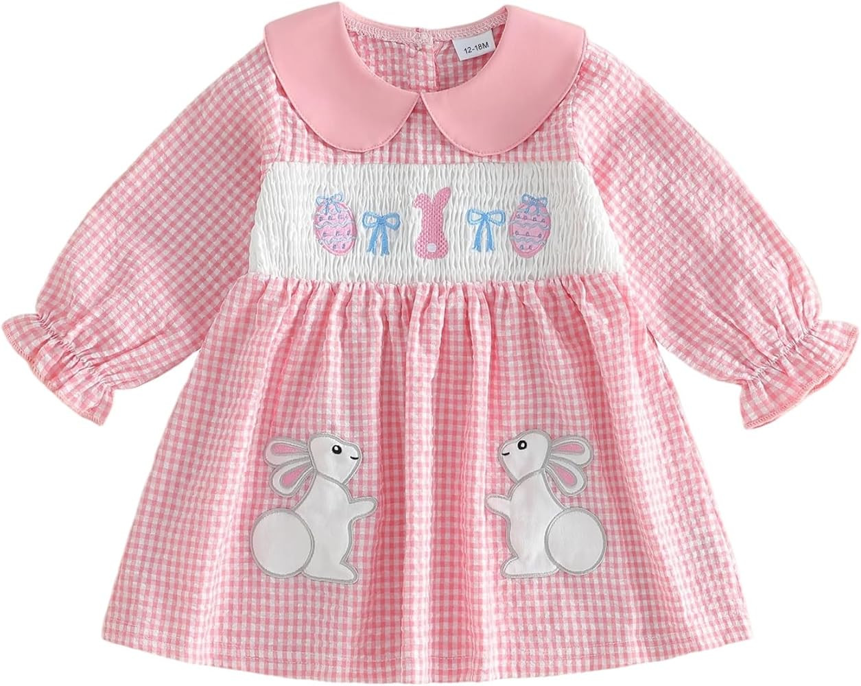 Toddler Baby Girl Easter Outfit Bunny Carrot Egg Cross Smocked Dress Long Sleeve Plaid Dresses Cu... | Amazon (US)