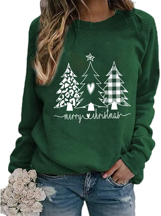 Yimoya Leopard Merry Christmas Tree Sweatshirt Womens Plaid Holiday Merry Blouse Xmas Tops | Amazon (US)
