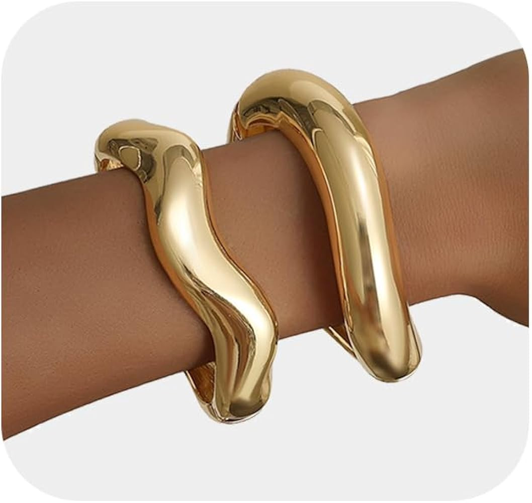 2Pcs Gold Bangle Bracelets for Women 14K Gold Plated Wide Chunky Cuff Bracelets Trendy Minimalist... | Amazon (US)