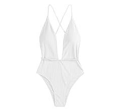 ZAFUL Women’s Ribbed One Piece Swimsuit Deep V Neck Bathing Suit Crisscross Back Self Tie Monok... | Amazon (US)