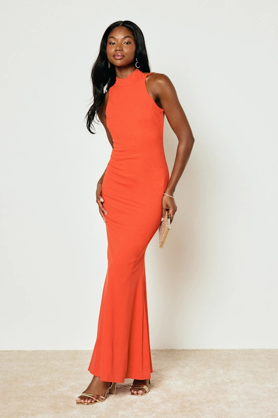 Damaris Bright Orange Mock Neck Backless Maxi Dress | Lulus