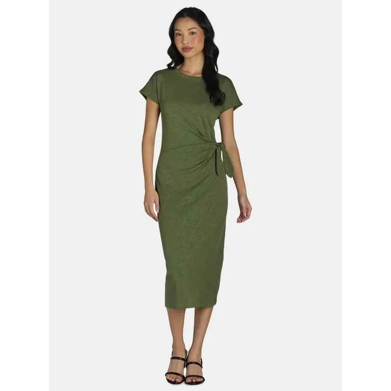 Time and Tru Women's and Women's Plus Side Tie Midi Dress with Short Sleeves, Sizes XS-4X - Walma... | Walmart (US)