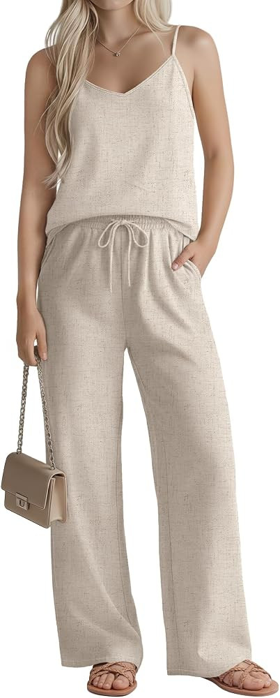 Womens Linen Sets 2 Piece Outfits Summer Camisole Tank Top with Drawstring Wide Leg Pants Casual ... | Amazon (US)