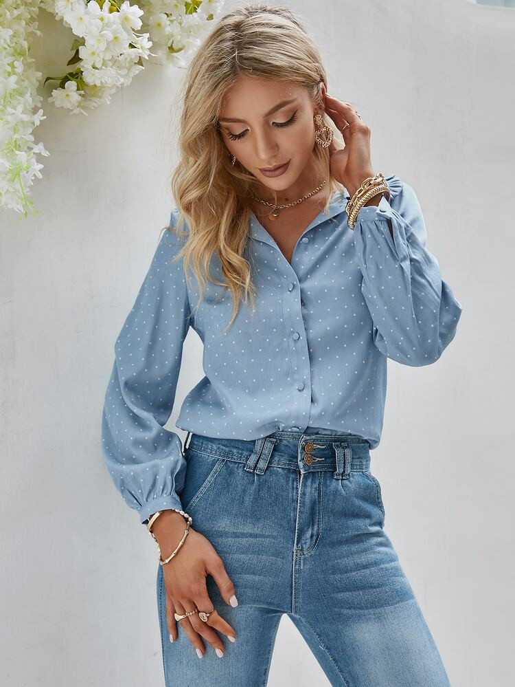 Simplee Frilled Collar Polka Dot Shirt | SHEIN