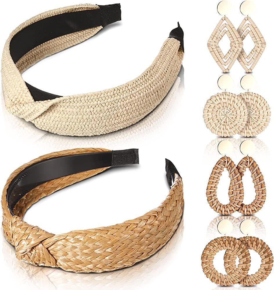 6 Pieces Women Knotted Rattan Headband Earrings Straw Headbands Wide Summer Head Bands 2 Pieces W... | Amazon (US)